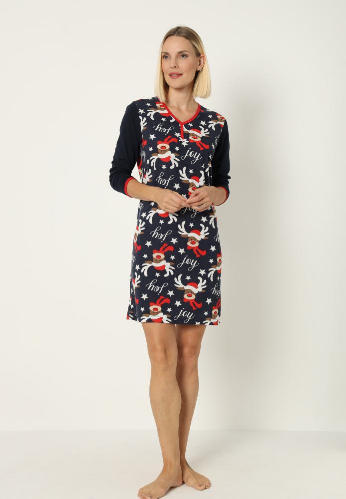 Camasa de noapte Craciun,imprimeu reni,culoare bleumarin ,En-gros